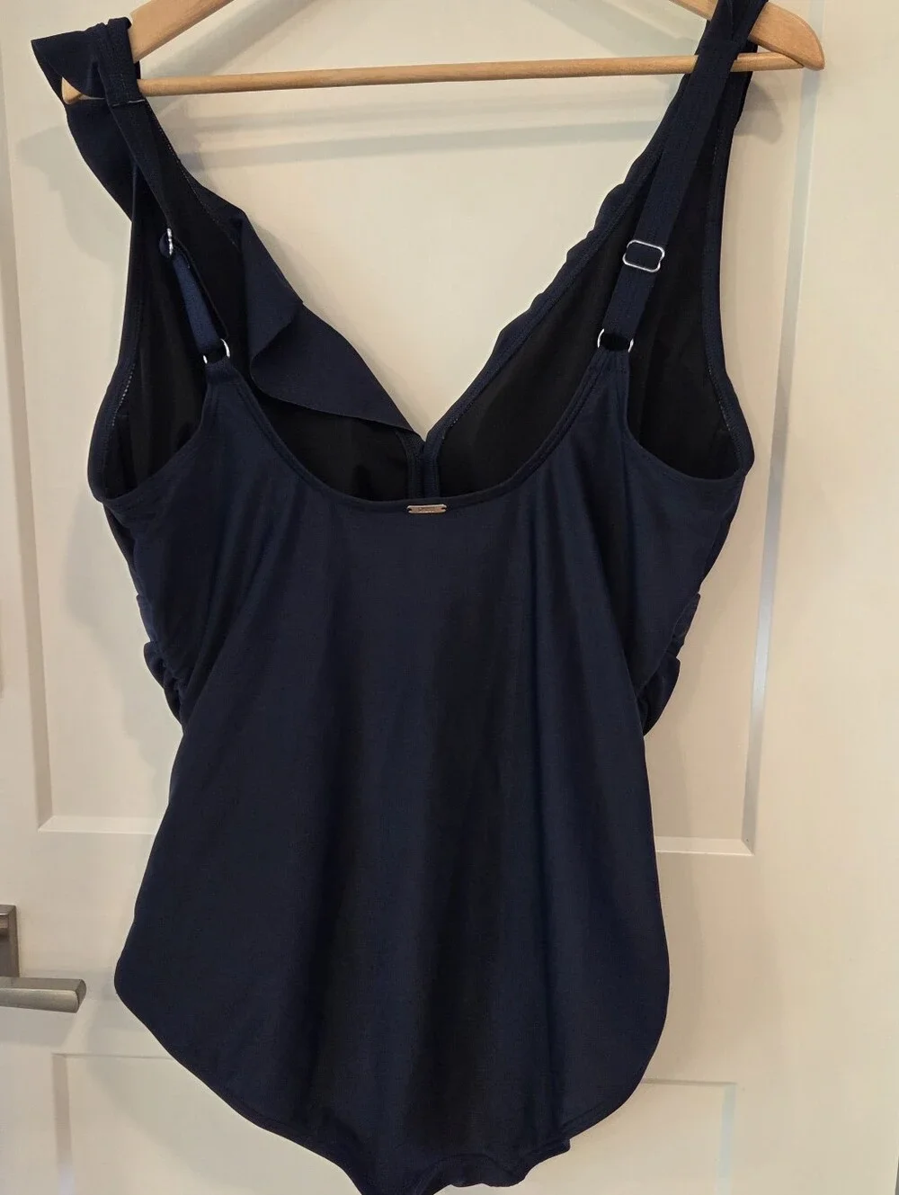 DKNY Navy Ruffle Classic One Piece Swimsuit Ruched Tummy Control Resort Nautical - Picture 2 of 5